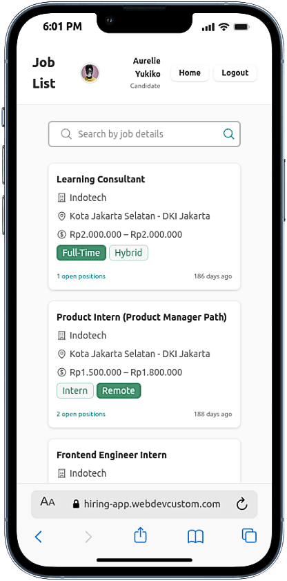 Portfolio Webdev Custom Aplikasi Rekrutmen Multirole Mobile View